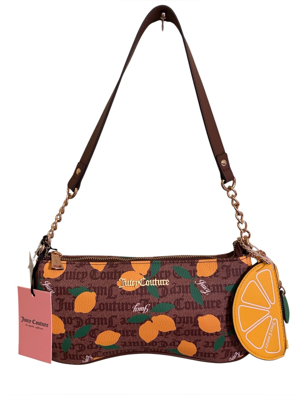 Juicy Couture Brown Lemon Print Shoulder Bag with Yellow Lemon Charm